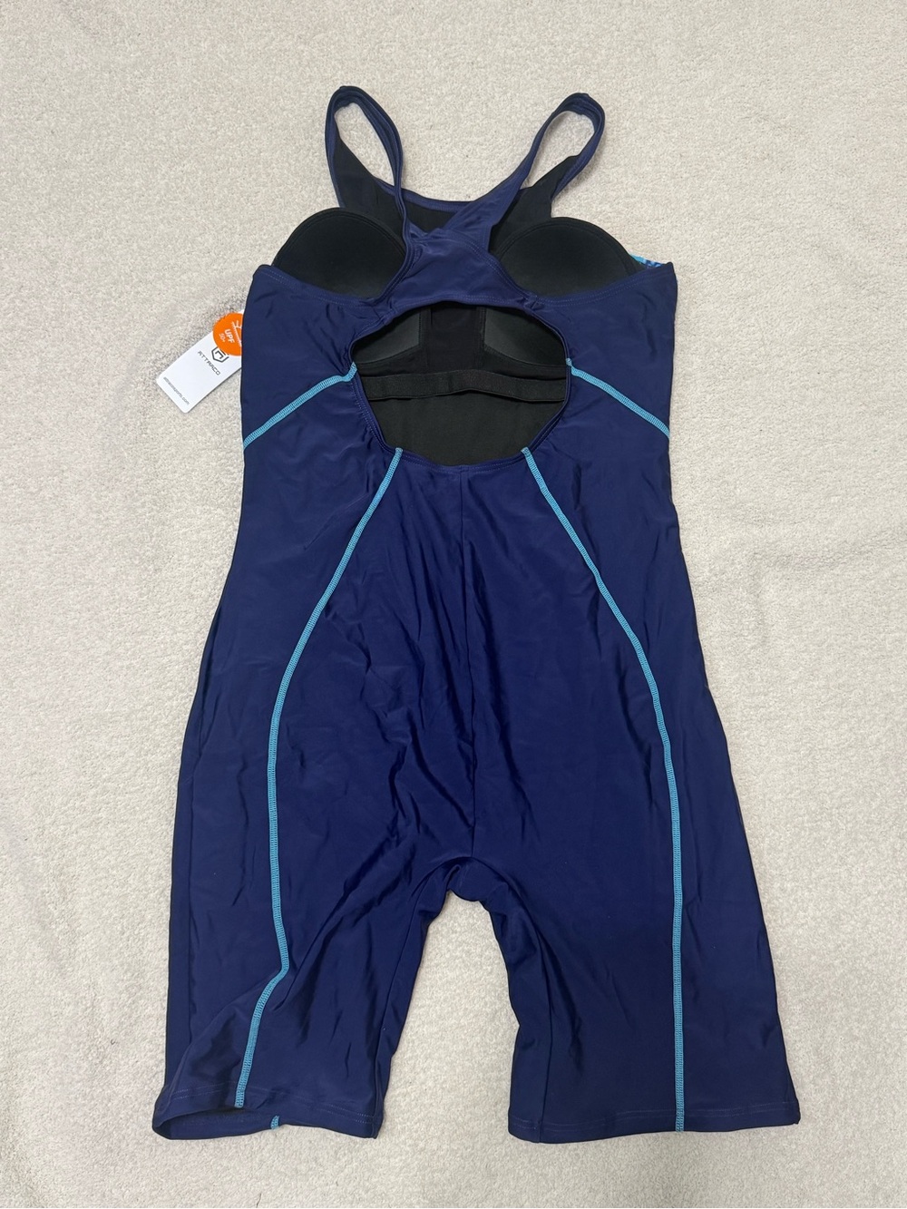 Women’s Navy One-Piece Athletic Swimsuit with Aqua Accents - Picture 2 of 3